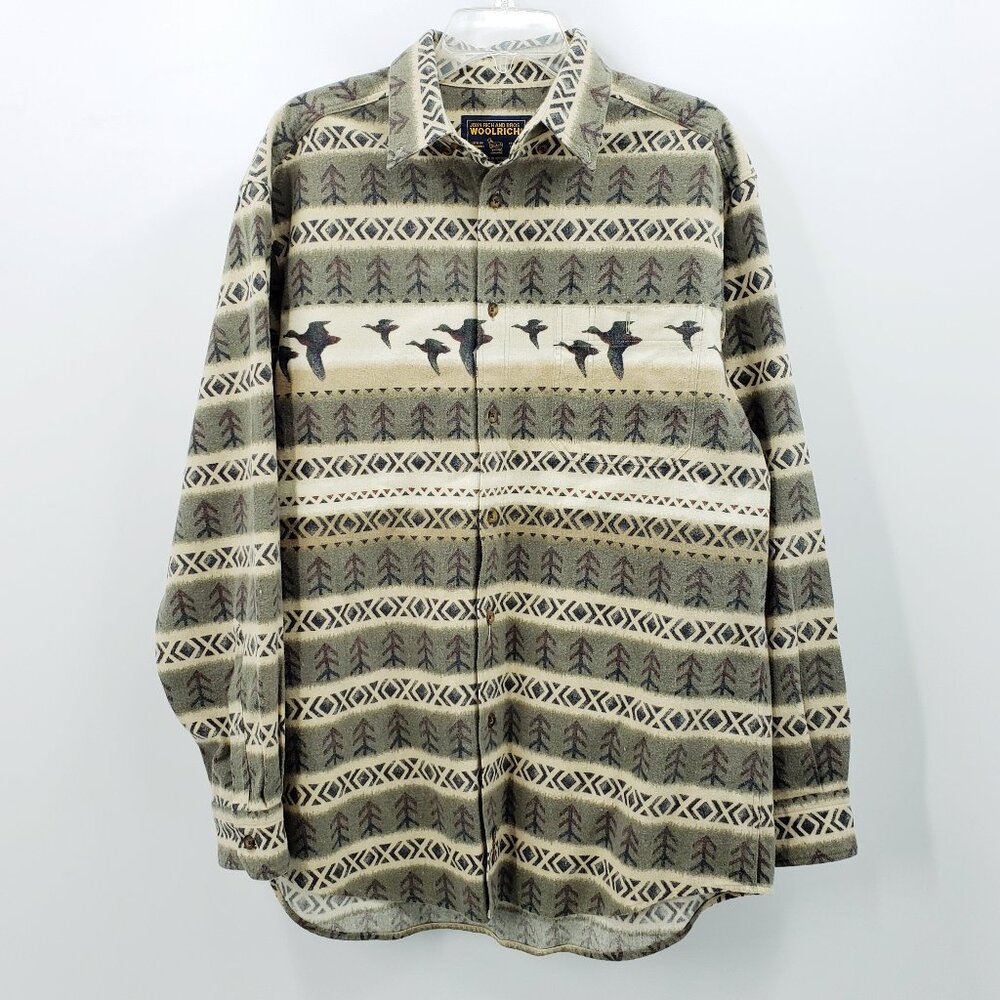 Woolrich Chamois Flannel Button Up Shirt Men's L Green Duck Print Made In Peru